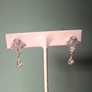 Vintage Filigree Rhinestone Screwback Elegant Silver Drop Earrings